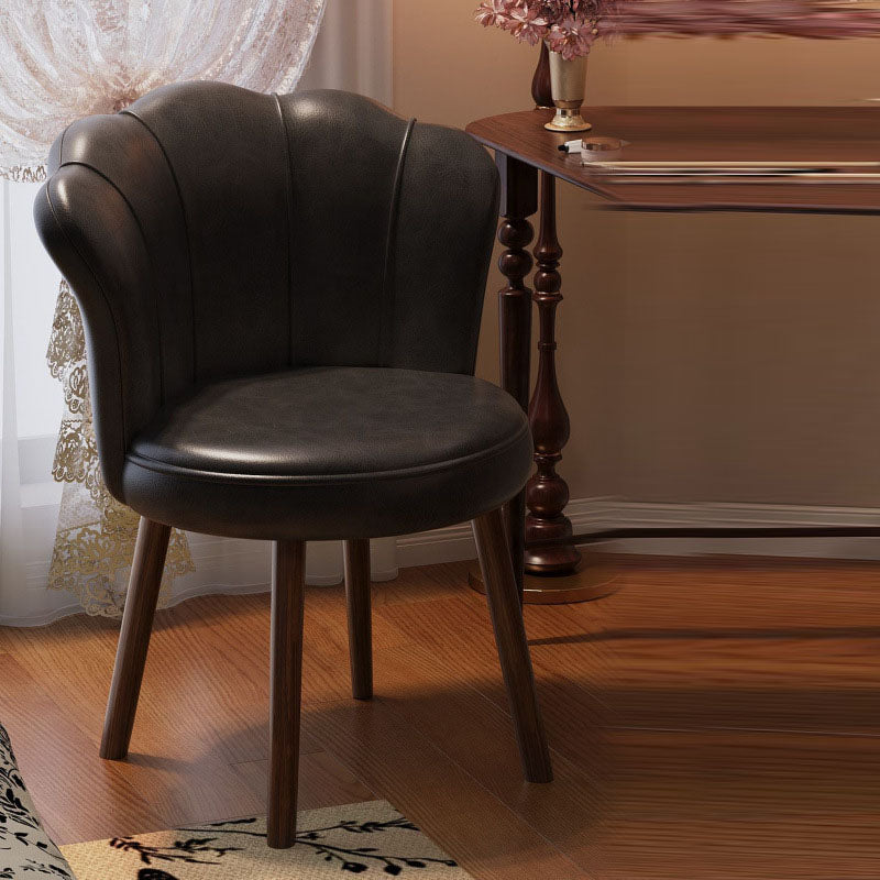 Traditional Vintage Petal-Shaped Oil-Waxed Leather Solid Wood Vanity Stool Backrest Armless For Bedroom