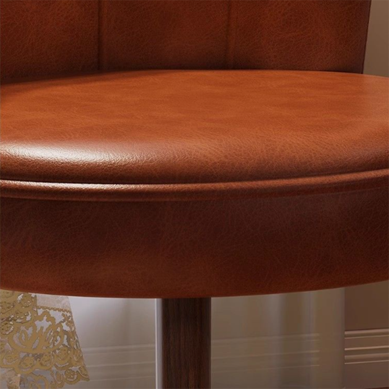 Traditional Vintage Petal-Shaped Oil-Waxed Leather Solid Wood Vanity Stool Backrest Armless For Bedroom