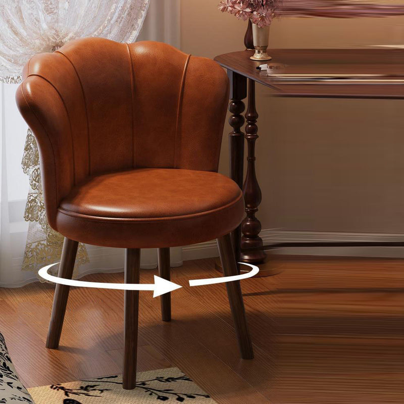 Traditional Vintage Petal-Shaped Oil-Waxed Leather Solid Wood Vanity Stool Backrest Armless For Bedroom