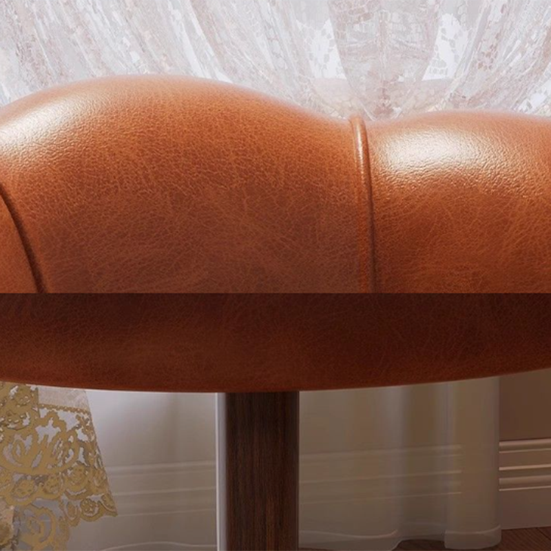 Traditional Vintage Petal-Shaped Oil-Waxed Leather Solid Wood Vanity Stool Backrest Armless For Bedroom