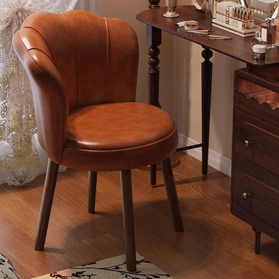 Traditional Vintage Petal-Shaped Oil-Waxed Leather Solid Wood Vanity Stool Backrest Armless For Bedroom