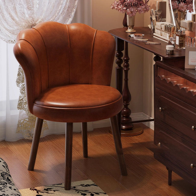Traditional Vintage Petal-Shaped Oil-Waxed Leather Solid Wood Vanity Stool Backrest Armless For Bedroom