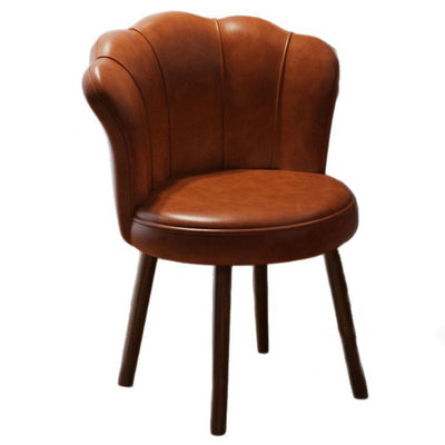 Traditional Vintage Petal-Shaped Oil-Waxed Leather Solid Wood Vanity Stool Backrest Armless For Bedroom