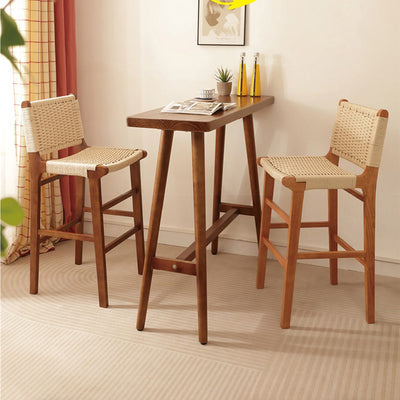 Traditional Japanese Rectangular Kraft Rope Solid Wood Bar Stool Backrest Armless For Dining Room & Kitchen