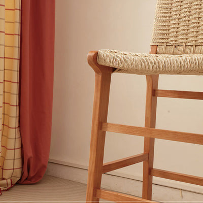 Traditional Japanese Rectangular Kraft Rope Solid Wood Bar Stool Backrest Armless For Dining Room & Kitchen