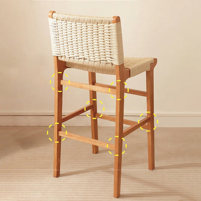 Traditional Japanese Rectangular Kraft Rope Solid Wood Bar Stool Backrest Armless For Dining Room & Kitchen
