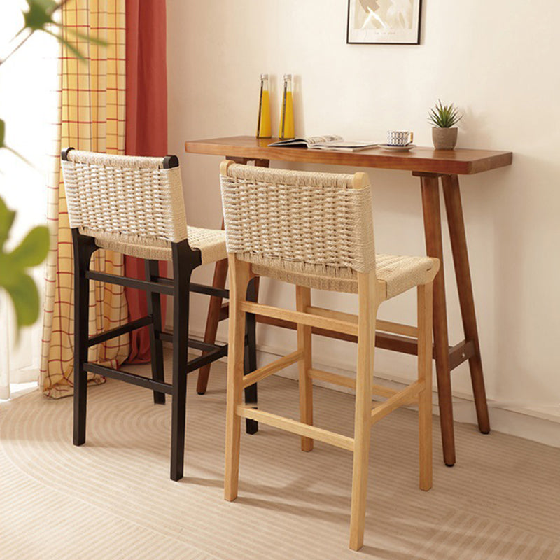Traditional Japanese Rectangular Kraft Rope Solid Wood Bar Stool Backrest Armless For Dining Room & Kitchen