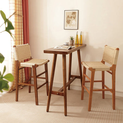 Traditional Japanese Rectangular Kraft Rope Solid Wood Bar Stool Backrest Armless For Dining Room & Kitchen