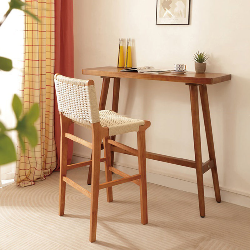 Traditional Japanese Rectangular Kraft Rope Solid Wood Bar Stool Backrest Armless For Dining Room & Kitchen
