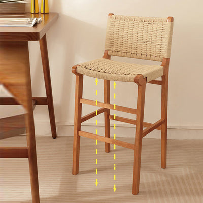 Traditional Japanese Rectangular Kraft Rope Solid Wood Bar Stool Backrest Armless For Dining Room & Kitchen