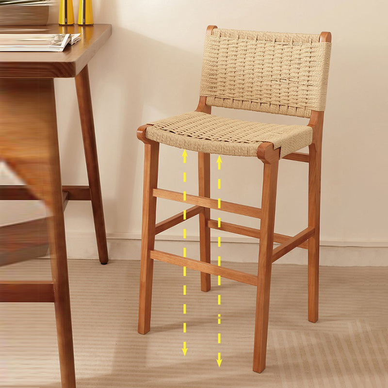 Traditional Japanese Rectangular Kraft Rope Solid Wood Bar Stool Backrest Armless For Dining Room & Kitchen