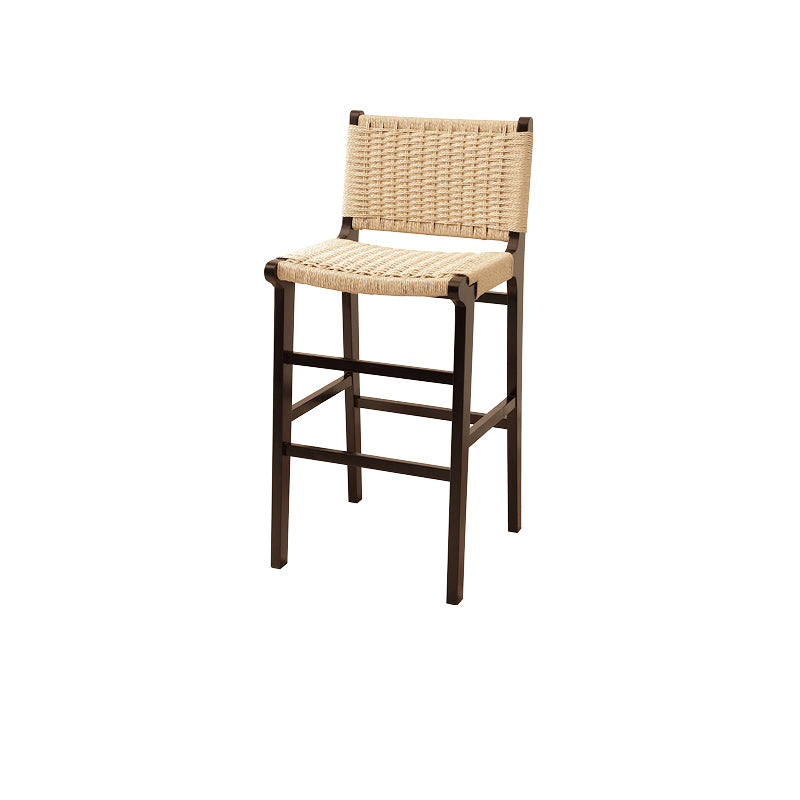 Traditional Japanese Rectangular Kraft Rope Solid Wood Bar Stool Backrest Armless For Dining Room & Kitchen