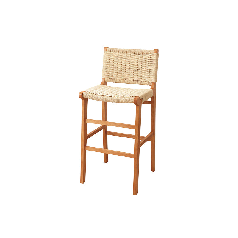 Traditional Japanese Rectangular Kraft Rope Solid Wood Bar Stool Backrest Armless For Dining Room & Kitchen