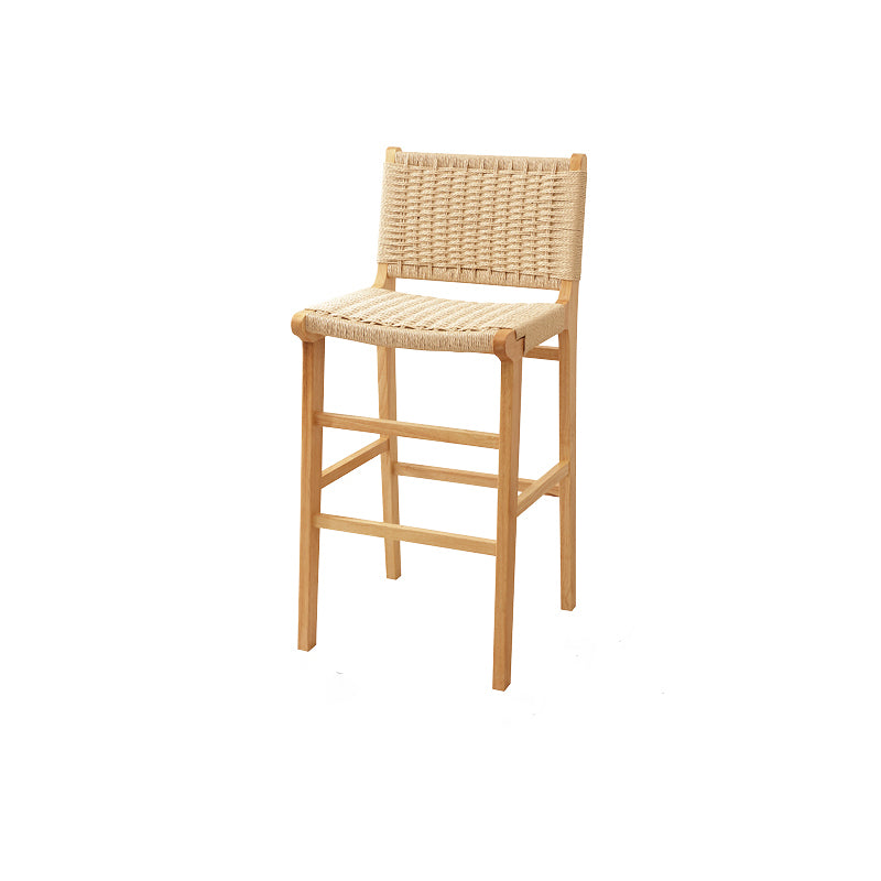 Traditional Japanese Rectangular Kraft Rope Solid Wood Bar Stool Backrest Armless For Dining Room & Kitchen