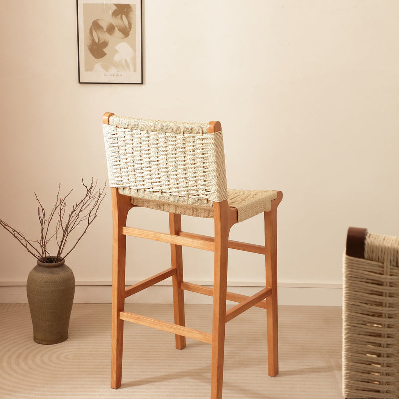 Traditional Japanese Rectangular Kraft Rope Solid Wood Bar Stool Backrest Armless For Dining Room & Kitchen