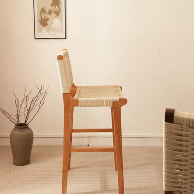 Traditional Japanese Rectangular Kraft Rope Solid Wood Bar Stool Backrest Armless For Dining Room & Kitchen