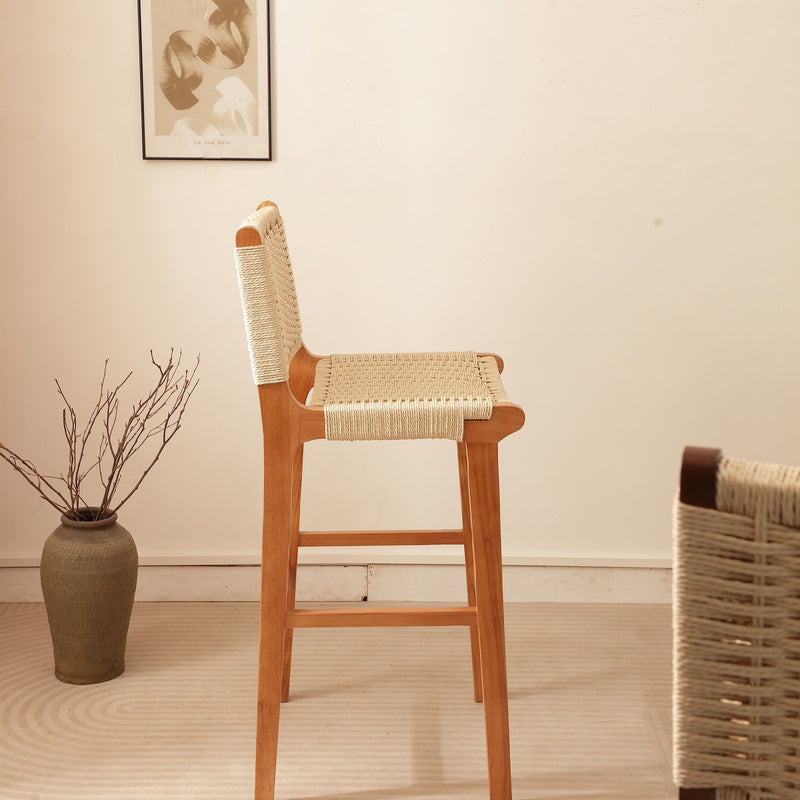 Traditional Japanese Rectangular Kraft Rope Solid Wood Bar Stool Backrest Armless For Dining Room & Kitchen