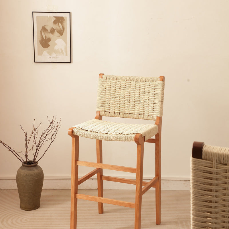 Traditional Japanese Rectangular Kraft Rope Solid Wood Bar Stool Backrest Armless For Dining Room & Kitchen