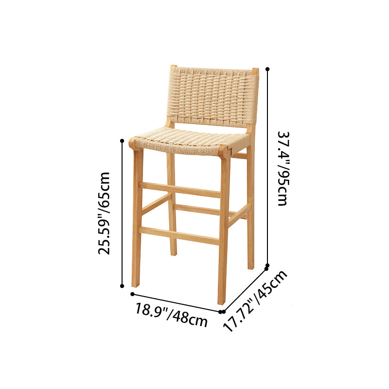 Traditional Japanese Rectangular Kraft Rope Solid Wood Bar Stool Backrest Armless For Dining Room & Kitchen