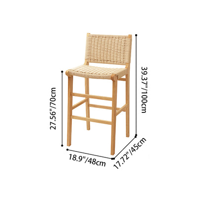 Traditional Japanese Rectangular Kraft Rope Solid Wood Bar Stool Backrest Armless For Dining Room & Kitchen