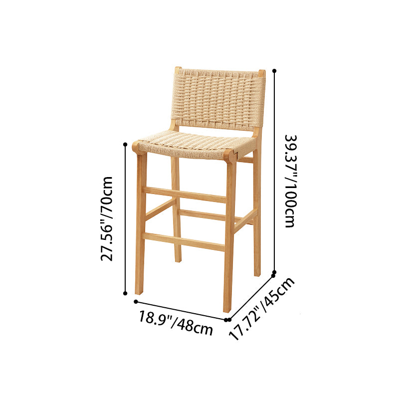 Traditional Japanese Rectangular Kraft Rope Solid Wood Bar Stool Backrest Armless For Dining Room & Kitchen
