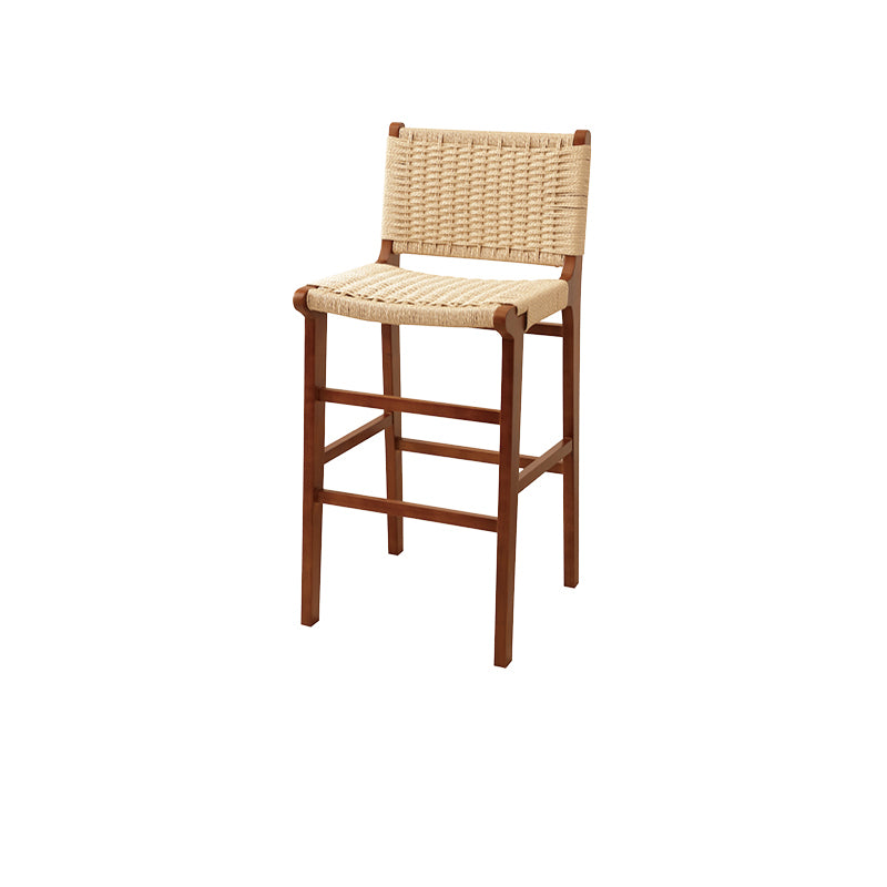 Traditional Japanese Rectangular Kraft Rope Solid Wood Bar Stool Backrest Armless For Dining Room & Kitchen