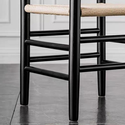 Traditional Japanese Rectangular Kraft Rope Solid Wood Dining Chair Backrest Armless For Dining Room & Kitchen