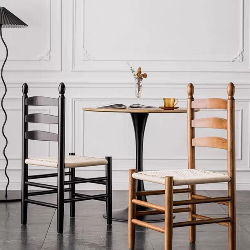 Traditional Japanese Rectangular Kraft Rope Solid Wood Dining Chair Backrest Armless For Dining Room & Kitchen