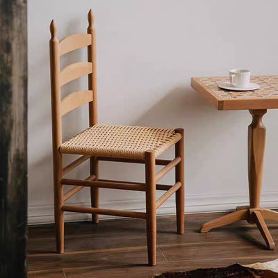 Traditional Japanese Rectangular Kraft Rope Solid Wood Dining Chair Backrest Armless For Dining Room & Kitchen