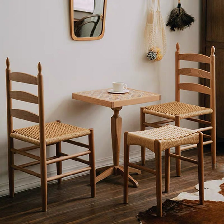 Traditioneller japanischer Esszimmerstuhl aus Kautschukholz mit rechteckiger Rückenlehne aus Kraftseil, ohne Armlehnen, für Esszimmer &amp; Küche 