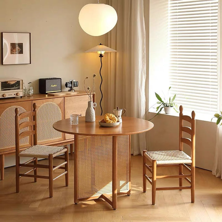 Traditioneller japanischer Esszimmerstuhl aus Kautschukholz mit rechteckiger Rückenlehne aus Kraftseil, ohne Armlehnen, für Esszimmer & Küche 