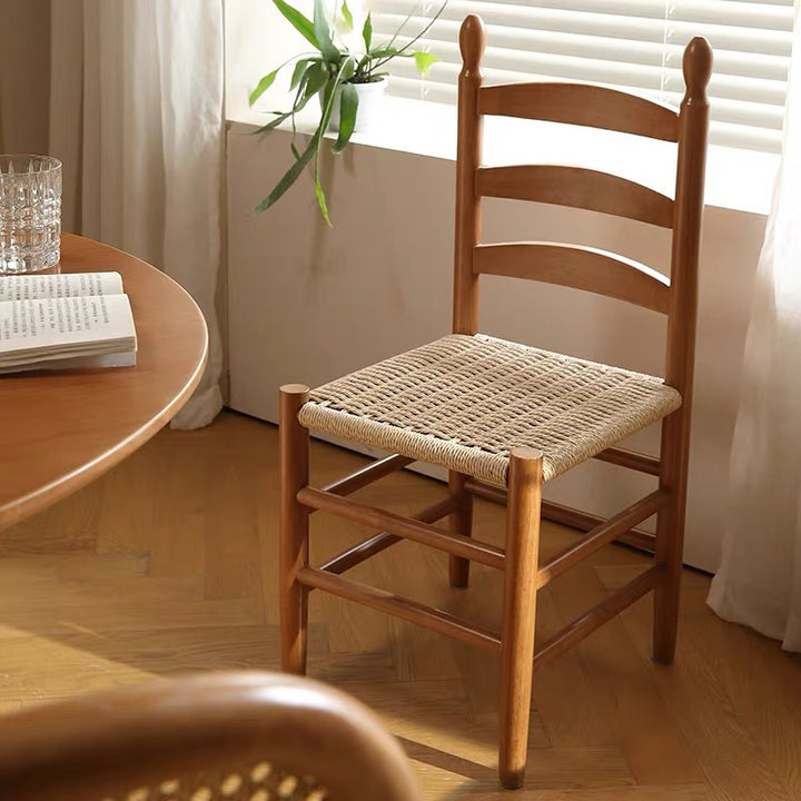 Traditioneller japanischer Esszimmerstuhl aus Kautschukholz mit rechteckiger Rückenlehne aus Kraftseil, ohne Armlehnen, für Esszimmer & Küche 