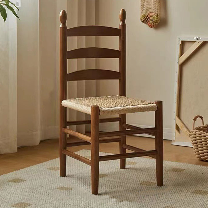 Traditioneller japanischer Esszimmerstuhl aus Kautschukholz mit rechteckiger Rückenlehne aus Kraftseil, ohne Armlehnen, für Esszimmer &amp; Küche 