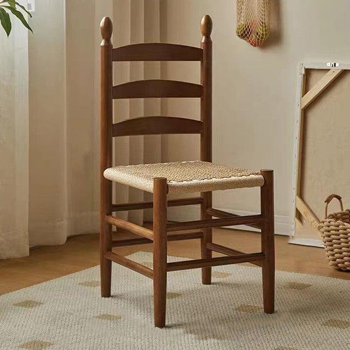 Traditioneller japanischer Esszimmerstuhl aus Kautschukholz mit rechteckiger Rückenlehne aus Kraftseil, ohne Armlehnen, für Esszimmer &amp; Küche 