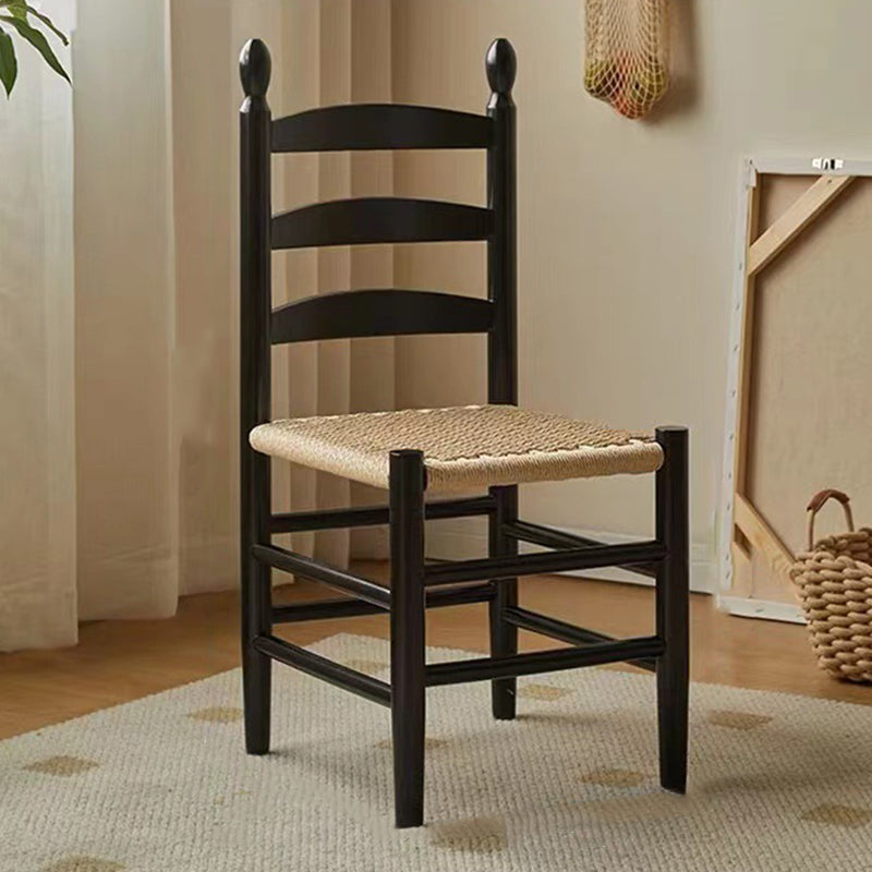 Traditional Japanese Rectangular Kraft Rope Solid Wood Dining Chair Backrest Armless For Dining Room & Kitchen
