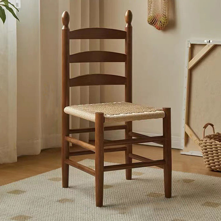 Traditioneller japanischer Esszimmerstuhl aus Kautschukholz mit rechteckiger Rückenlehne aus Kraftseil, ohne Armlehnen, für Esszimmer &amp; Küche 