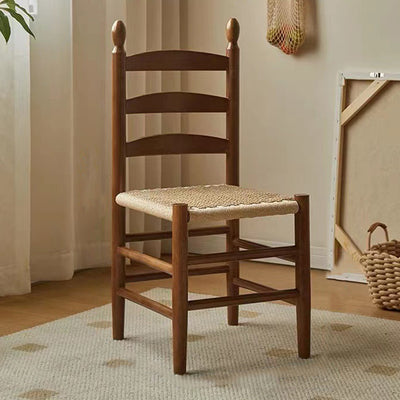 Traditional Japanese Rectangular Kraft Rope Solid Wood Dining Chair Backrest Armless For Dining Room & Kitchen