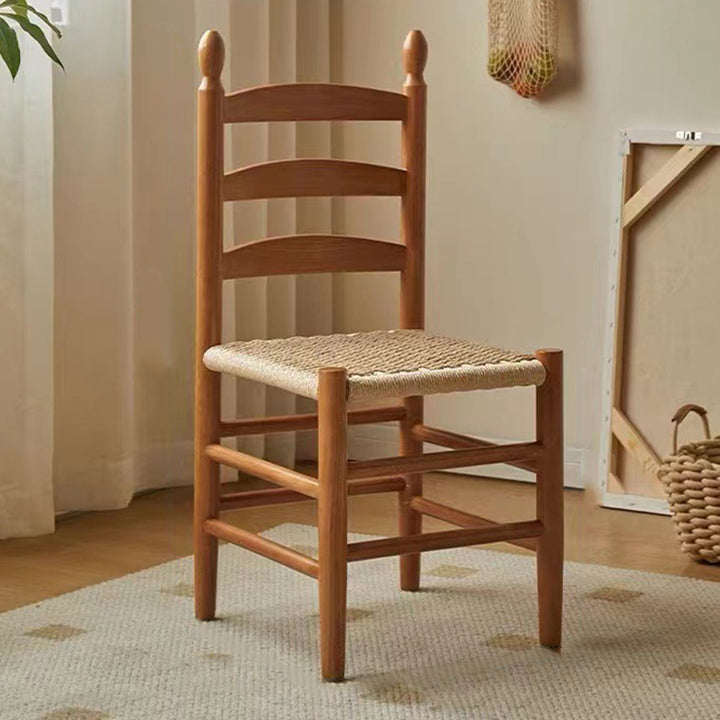 Traditioneller japanischer Esszimmerstuhl aus Kautschukholz mit rechteckiger Rückenlehne aus Kraftseil, ohne Armlehnen, für Esszimmer &amp; Küche 