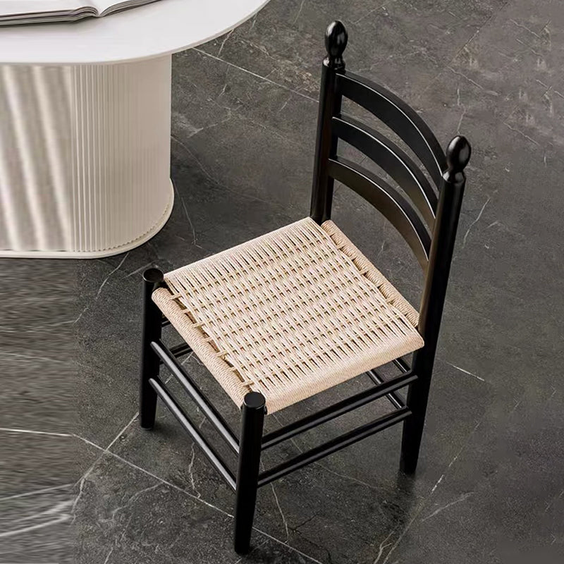 Traditional Japanese Rectangular Kraft Rope Solid Wood Dining Chair Backrest Armless For Dining Room & Kitchen
