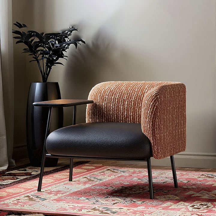 Modern Minimalist Rectangular Carbon Steel Solid Wood PU Leather Cotton-Linen Accent Chair Backrest Armrest For Living Room