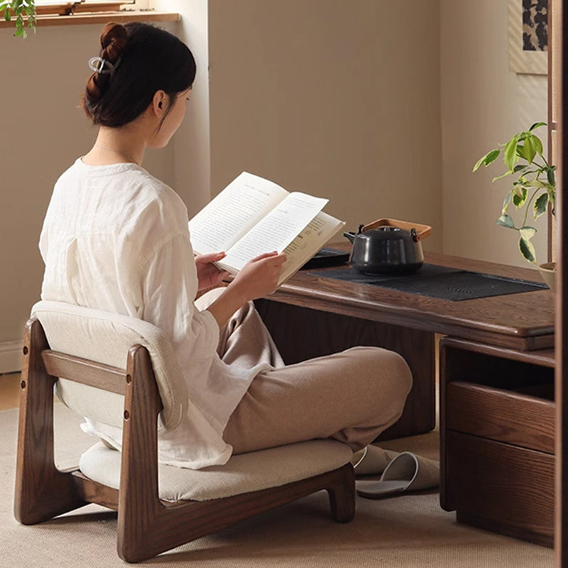 Traditional Japanese Rectangular Solid Wood Cotton-Linen Low Stool Backrest Armless For Living Room