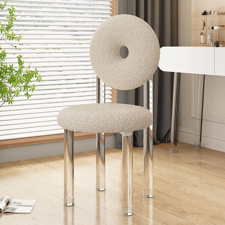 Taburete de tocador acrílico contemporáneo creativo en forma de dona con respaldo sin brazos de terciopelo para dormitorio 