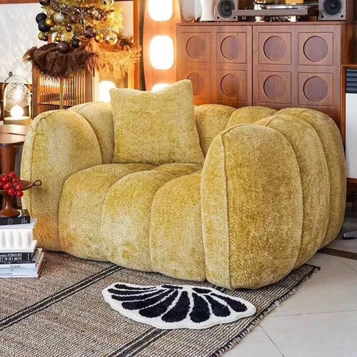 Traditional French Pumpkin-Shaped Alpaca-like Fabric Pine Wood Accent Chair Backrest Armrest For Living Room
