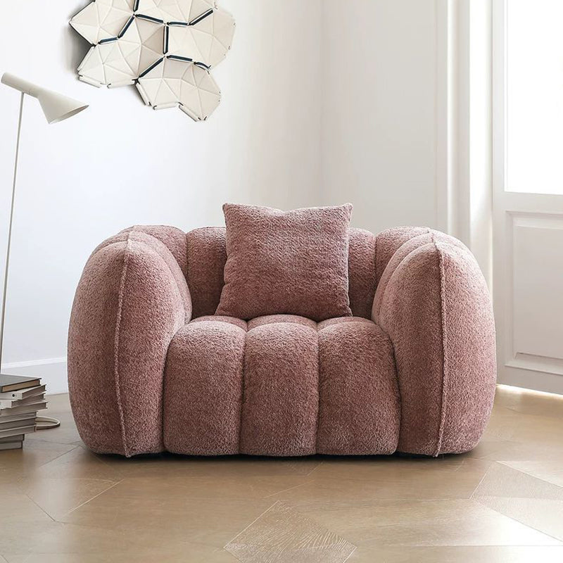 Traditional French Pumpkin-Shaped Alpaca-like Fabric Pine Wood Accent Chair Backrest Armrest For Living Room
