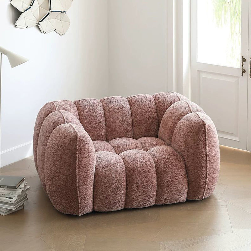 Traditional French Pumpkin-Shaped Alpaca-like Fabric Pine Wood Accent Chair Backrest Armrest For Living Room
