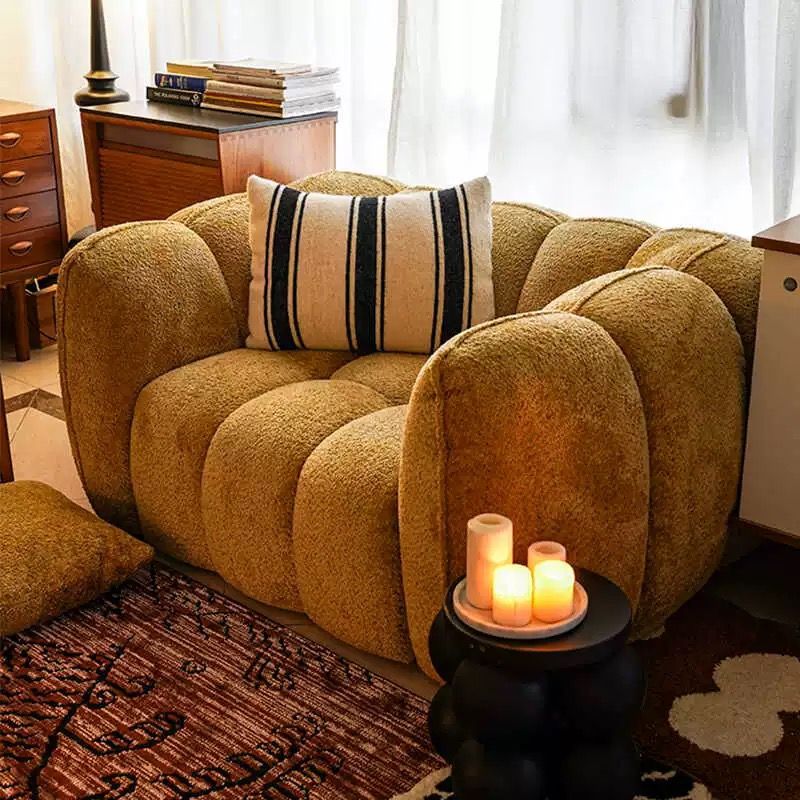 Traditional French Pumpkin-Shaped Alpaca-like Fabric Pine Wood Accent Chair Backrest Armrest For Living Room
