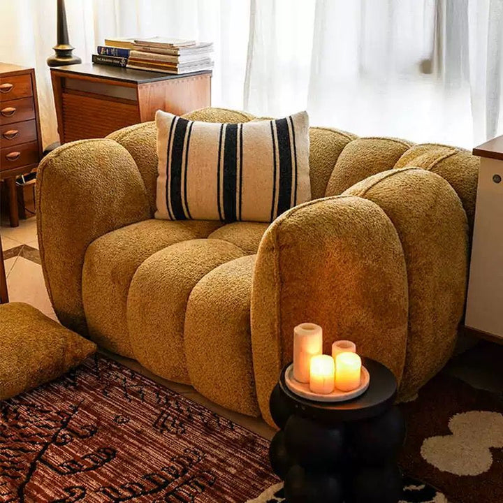 Traditional French Pumpkin-Shaped Alpaca-like Fabric Pine Wood Accent Chair Backrest Armrest For Living Room