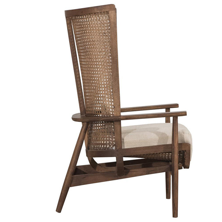 Contemporary Boho Rectangular Curved Rattan Solid Wood Fabric Accent Chair Backrest Armrest For Living Room
