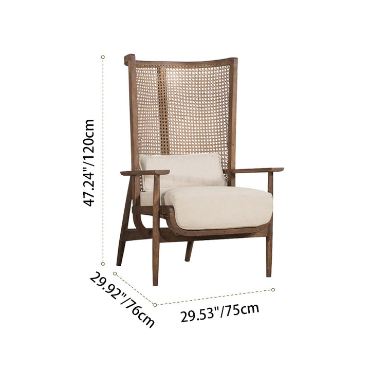 Contemporary Boho Rectangular Curved Rattan Solid Wood Fabric Accent Chair Backrest Armrest For Living Room