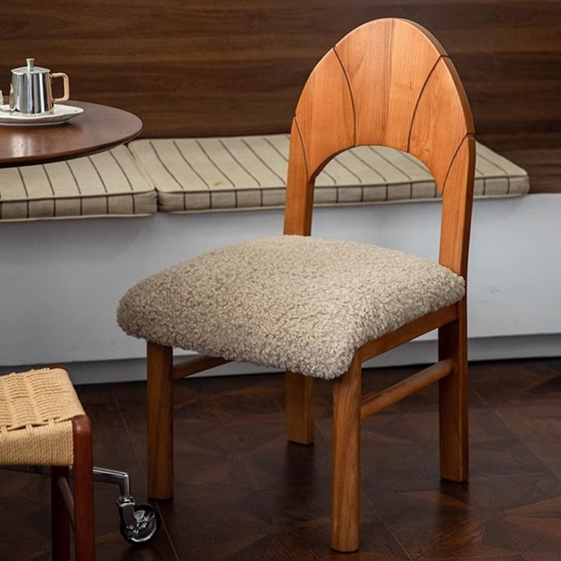Traditional French Curved Solid Wood Sherpa Fabric Velvet Dining Chair Backrest Armless For Dining Room &amp; Kitchen